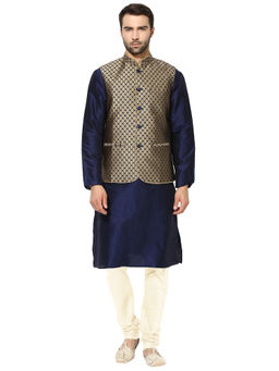 KISAH - Kurta And Churidar With Navy Blue Nehru Jacket (Set of 3)