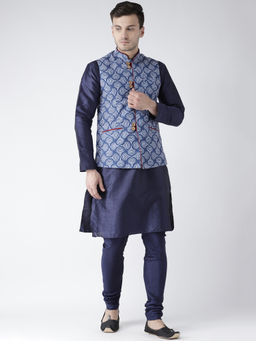 KISAH - Kurta And Churidar With Navy Blue Nehru Jacket (Set of 3)