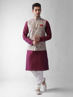 KISAH - Men White & Pink Printed Cotton Blend Kurta Jacket Churidar Set with Floral Design