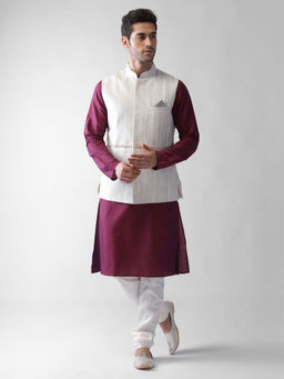 KISAH - Men White Printed Cotton Blend Kurta Jacket Churidar Set with Geometric Pattern