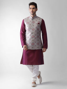 KISAH - Men Grey Printed Silk Blend Kurta Jacket Churidar Set with Geometric Pattern