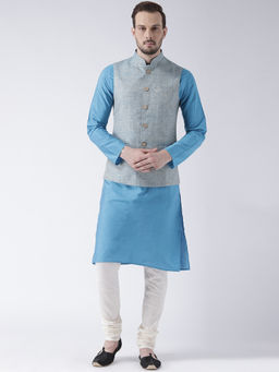 KISAH - Men Blue Solid Cotton Blend Kurta Jacket Churidar Set with Self Design