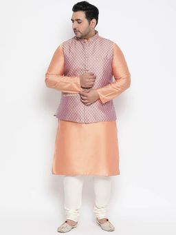 KISAH PLUS - Peach Woven Kurta Jacket Set (Set of 3)