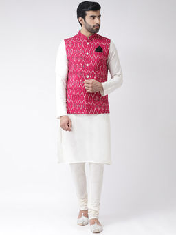 KISAH - Pink Printed Kurta with Churidar and Jacket (Set of 3)