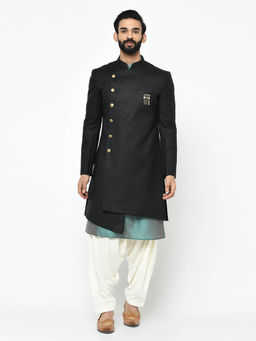 KISAH - Black Kurta & Sherwani With Dhoti (Set of 3)
