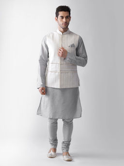 KISAH - Men White Kurta Jacket and Churidar (Set of 3)