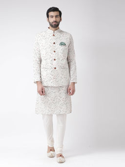 KISAH - Men Multi Coloured Printed Cotton Blend Kurta Jacket Churidar Set with Kantha Print