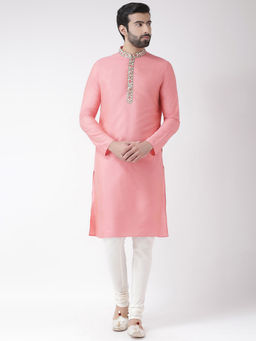 KISAH - Men Hot Pink Solid Cotton Blend Kurta Churidar Set with Thread Work