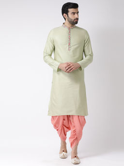 KISAH - Men Green Solid Cotton Blend Kurta Dhoti Set with Thread Work