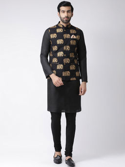 KISAH - Black Printed Kurta with Churidar and Nehru Jacket (Set of 3)