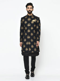 KISAH - Black Kurta & Sherwani With Churidar (Set of 3)