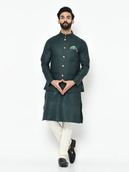 KISAH - Men Green Solid Cotton Blend Kurta Jacket Churidar Set