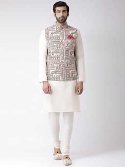 KISAH - Men White & Pink Printed Cotton Blend Kurta Jacket Churidar Set with Floral Design