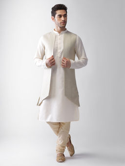 KISAH - Men Off-White Textured Silk Blend Jacquard Kurta Jacket Churidar Set with Geometric Pattern