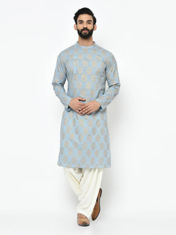 KISAH - Men Blue Printed Cotton Blend Kurta Patiyala Set with Ethnic Motifs
