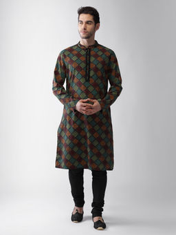 KISAH - Men Multi Coloured Printed Cotton Blend Kurta Churidar Set with Gundi Buttons
