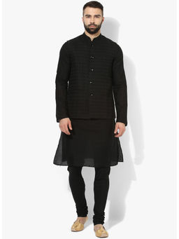 KISAH - Men Black Textured Cotton Blend Kurta Jacket Churidar Set with Woven Design