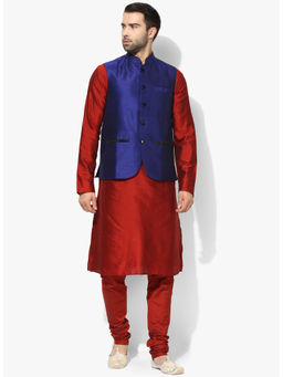 KISAH - Kurta And Churidar With Navy Blue Nehru Jacket (Set of 3)