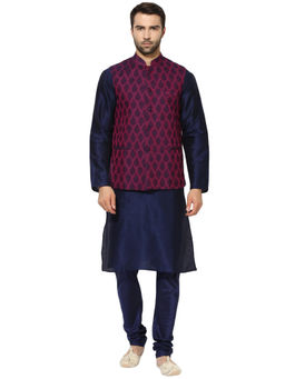 KISAH - Kurta And Churidar With Navy Blue Nehru Jacket (Set of 3)