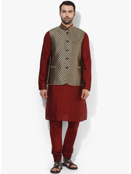 KISAH - Kurta And Churidar With Navy Blue Nehru Jacket (Set of 3)