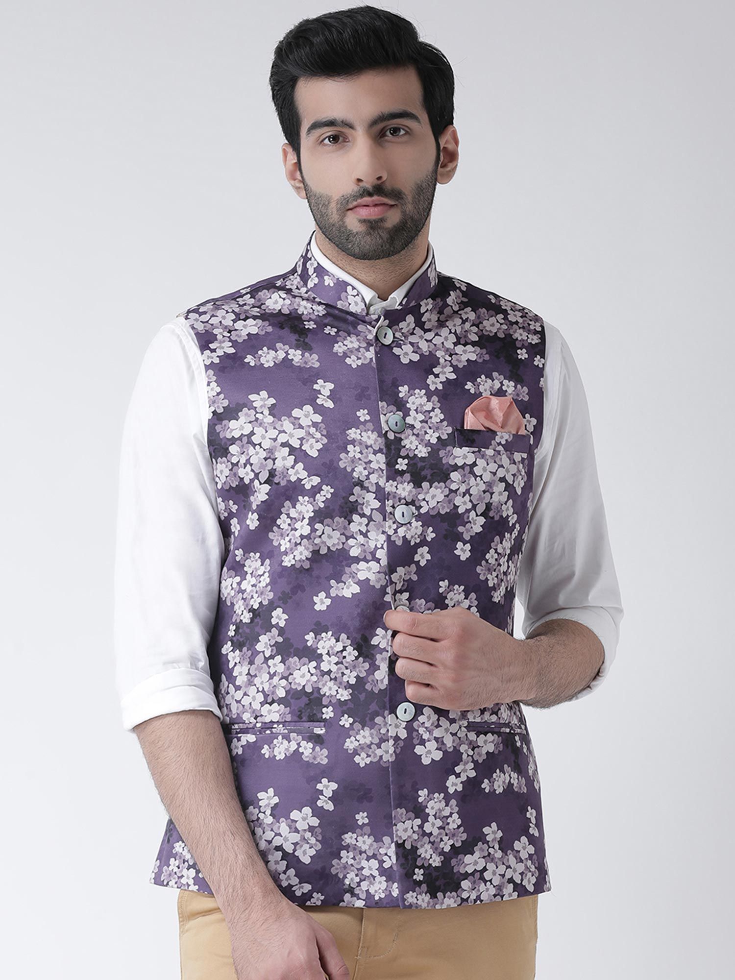 KISAH Printed Men Purple Nehru Jacket 