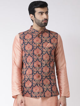 KISAH - Navy Blue Printed Nehru Jacket