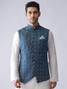 KISAH - Men Blue Asymmetrical, Printed Silk Blend Nehru Jacket with Zari Design
