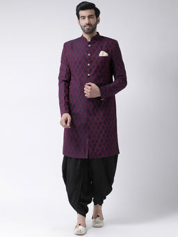 KISAH - Men Purple Textured Silk Blend Indowestern Sherwani Dhoti Set with Zari Design