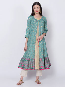 Biba - Turquoise Printed Front Open Kurta With Inner (Set of 2)