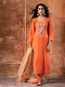 Kanika Sharma - Orange Embroidered Kurta And Churidar With Dupatta (Set of 3)