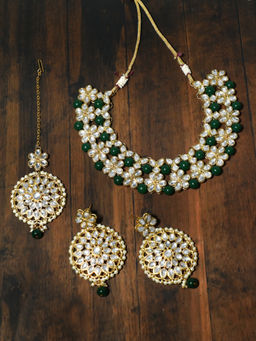 Karatcart - Green Beads Studded Kundan Choker Necklace Set (Set of 3)
