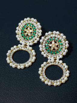 Karatcart - Green Kundan Hoop Earring with White Pearl Detailing