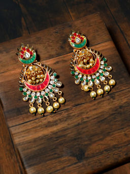 Karatcart - Gold Plated Pearl Beads Pink and Green Kundan Chandbali Earrings
