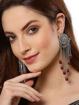 Karatcart - Oxidised Silver Kundan Tassel Earrings with Red Beads