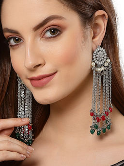 Karatcart - Oxidised Silver Red and Green Kundan Tassel Earrings