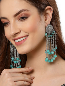 Karatcart - Oxidised Silver Light Blue Beads and Kundan Tassel Earrings