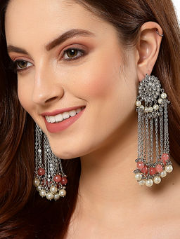 Karatcart - Oxidised Silver Peach Beads and Kundan Tassel Earrings