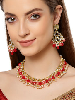 Karatcart - Traditional Gold Plated Kundan & Red Tumble Stone Studded Necklace Set