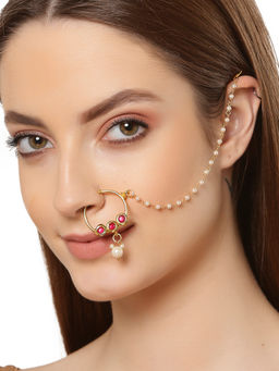 Karatcart - Red Kundan Nosepin With Pearl Ball Chain