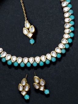 Karatcart - Gold-Plated Handcrafted Kundan & Light Blue Beads Studded Choker Necklace Set