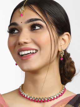 Karatcart - Gold-Plated Handcrafted Kundan & Pink Beads Studded Choker Necklace Set