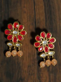Karatcart - Gold Plated Peach Beads Red Kundan Dangler Earrings