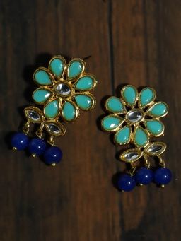 Karatcart - Gold Plated Blue Beads Mint Blue Kundan Dangler Earrings