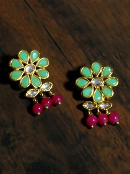 Karatcart - Gold Plated Pink Beads Mint Green Kundan Dangler Earrings