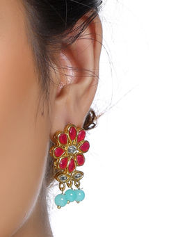 Karatcart - Gold Plated Blue Beads Red Kundan Dangler Earrings