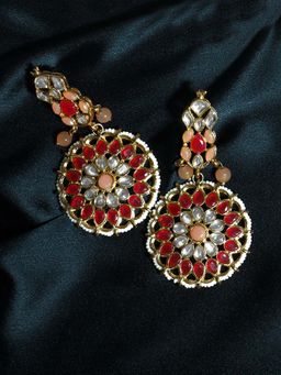 Karatcart - Gold Plated Peach and Red Kundan Dangler Earrings