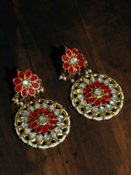 Karatcart - Gold Plated Red and White Kundan Dangler Earrings