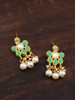 Karatcart - Gold Plated Pearl Beads Mint Blue Kundan Dangler Earrings