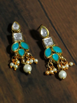 Karatcart - Gold Plated Pearl Beads Mint Blue Kundan Dangler Earrings