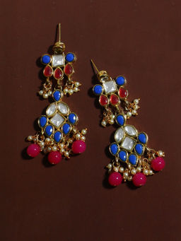 Karatcart - Gold Plated Pink Beads Blue Kundan Dangler Earrings